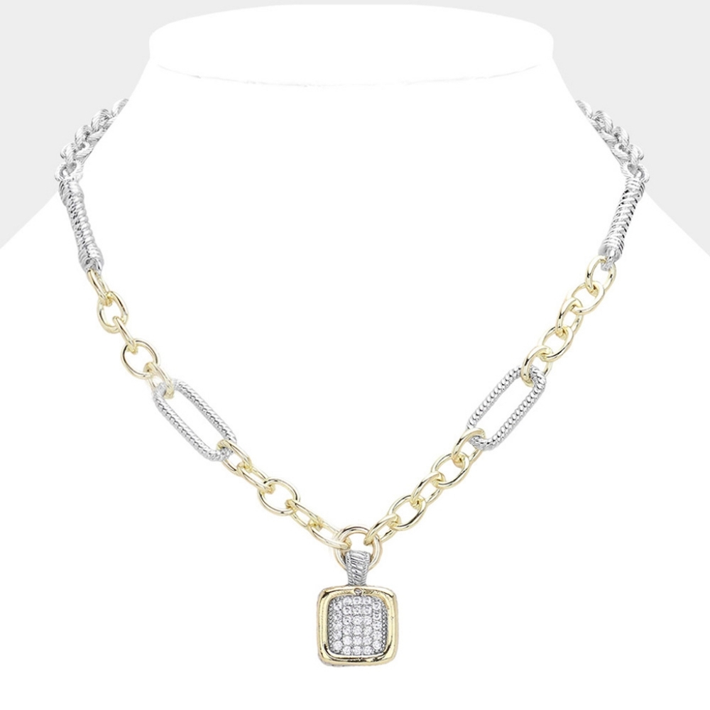 Two Tone CZ 14K Gold Plated Square Pendant Chain Link Charm Necklace Silver